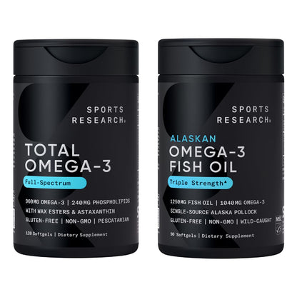 Sports Research® Omega-3 Fish Oil Bundle - Total Omega-3 2200mg (Krill, Salmon & Pollock) + Triple Strength Fish Oil 1250mg - High EPA & DHA Supplement - dailyvitalstore
