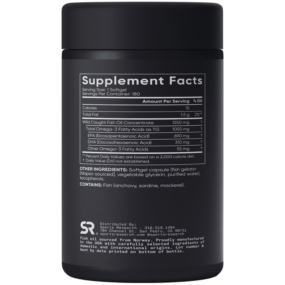 Sports Research Omega-3 Fish Oil, Triple Strength, 180 Softgels - dailyvitalstore