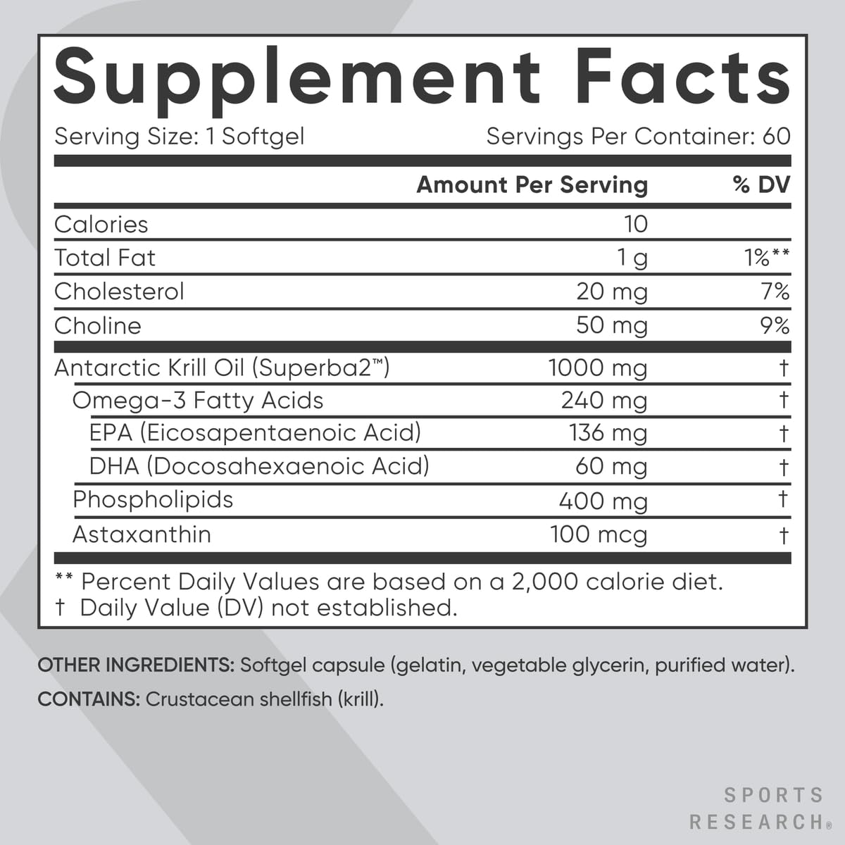 Sports Research® Omega-3 Krill Oil 1000mg - Pure Antarctic Superba Krill with Phospholipids, Choline & Astaxanthin - MSC Certified Sustainable · Non-GMO · Gluten Free - 60 Softgels - dailyvitalstore