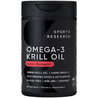 Sports Research® Omega-3 Krill Oil 1000mg - Pure Antarctic Superba Krill with Phospholipids, Choline & Astaxanthin - MSC Certified Sustainable · Non-GMO · Gluten Free - 60 Softgels - dailyvitalstore
