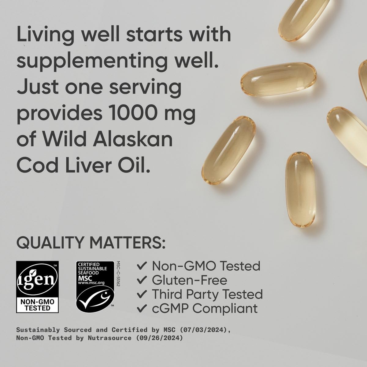 Sports Research® Omega-3 Wild Alaskan Cod Liver Oil 1000mg with Vitamins A (1000 IU) & D3 (400 IU) - Burpless, Bovine Free, Non-GMO, & MSC Certified Sustainable - 120 Softgels - dailyvitalstore