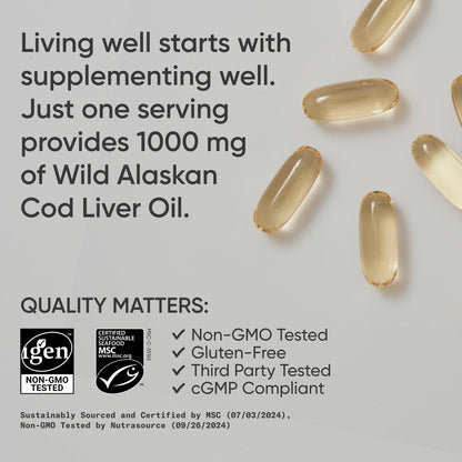 Sports Research® Omega-3 Wild Alaskan Cod Liver Oil 1000mg with Vitamins A (1000 IU) & D3 (400 IU) - Burpless, Bovine Free, Non-GMO, & MSC Certified Sustainable - 120 Softgels - dailyvitalstore