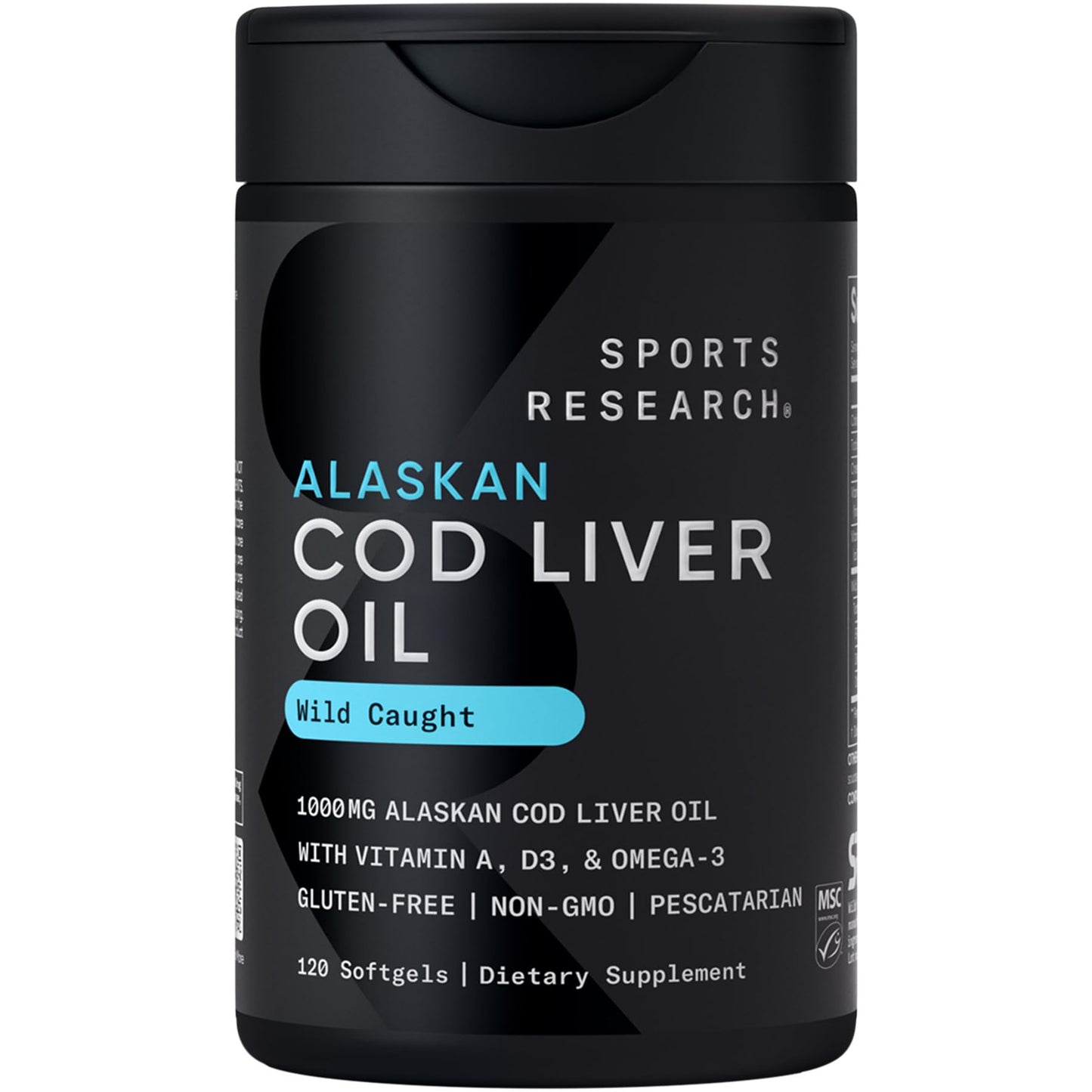 Sports Research® Omega-3 Wild Alaskan Cod Liver Oil 1000mg with Vitamins A (1000 IU) & D3 (400 IU) - Burpless, Bovine Free, Non-GMO, & MSC Certified Sustainable - 120 Softgels - dailyvitalstore