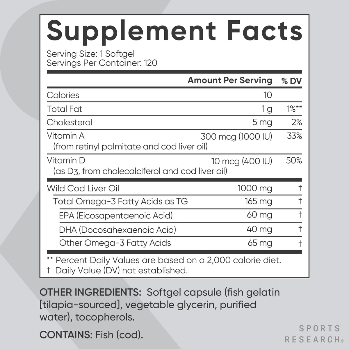 Sports Research® Omega-3 Wild Alaskan Cod Liver Oil 1000mg with Vitamins A (1000 IU) & D3 (400 IU) - Burpless, Bovine Free, Non-GMO, & MSC Certified Sustainable - 120 Softgels - dailyvitalstore