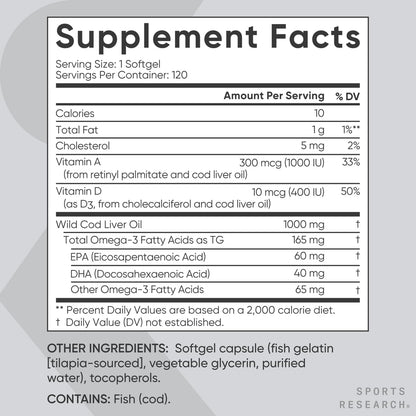 Sports Research® Omega-3 Wild Alaskan Cod Liver Oil 1000mg with Vitamins A (1000 IU) & D3 (400 IU) - Burpless, Bovine Free, Non-GMO, & MSC Certified Sustainable - 120 Softgels - dailyvitalstore