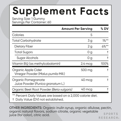 Sports Research Organic Apple Cider Vinegar Gummies - for Diet Cleanses & Digestion | 500mg | Non-GMO Tested, Certified Vegan, Gluten Free ACV - 60 Gummies for Adults, 1 Month Supply - dailyvitalstore