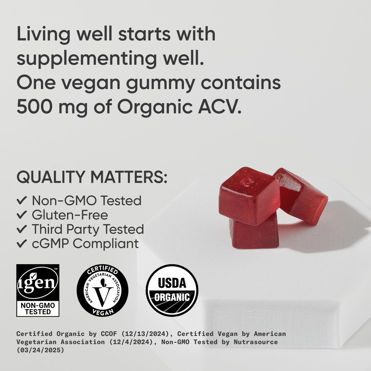Sports Research Organic Apple Cider Vinegar Gummies - for Diet Cleanses & Digestion | 500mg | Non-GMO Tested, Certified Vegan, Gluten Free ACV - 60 Gummies for Adults, 1 Month Supply - dailyvitalstore