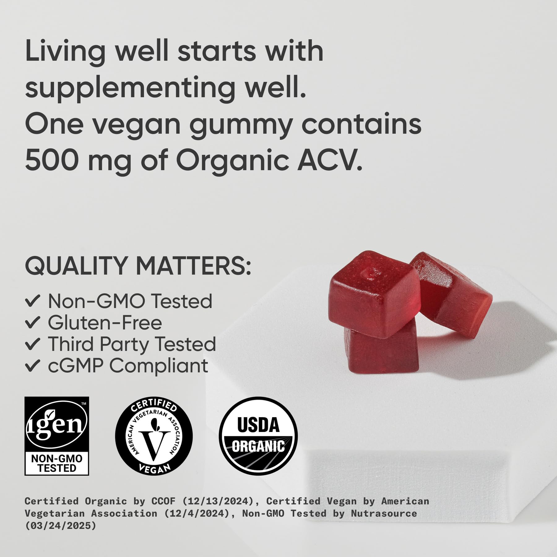 Sports Research Organic Apple Cider Vinegar Gummies - for Diet Cleanses & Digestion | 500mg | Non-GMO Tested, Certified Vegan, Gluten Free ACV - 60 Gummies for Adults, 1 Month Supply - dailyvitalstore