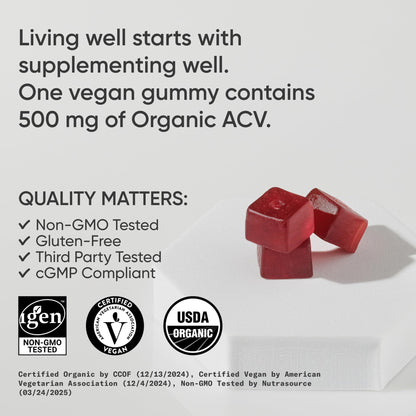 Sports Research Organic Apple Cider Vinegar Gummies - for Diet Cleanses & Digestion | 500mg | Non-GMO Tested, Certified Vegan, Gluten Free ACV - 60 Gummies for Adults, 1 Month Supply - dailyvitalstore