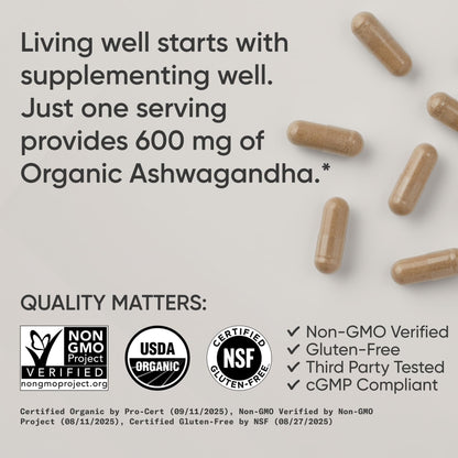 Sports Research® Organic Ashwagandha – Adaptogen for Relaxation, Calm & Sleep Support – Made with Organic KSM-66® – 600 mg – Non-GMO Verified, Gluten-Free, Certified Vegan – 90 Veggie Capsules - dailyvitalstore