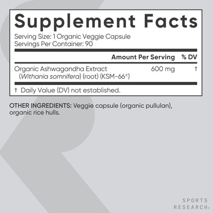 Sports Research® Organic Ashwagandha – Adaptogen for Relaxation, Calm & Sleep Support – Made with Organic KSM-66® – 600 mg – Non-GMO Verified, Gluten-Free, Certified Vegan – 90 Veggie Capsules - dailyvitalstore