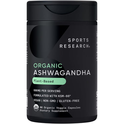 Sports Research® Organic Ashwagandha – Adaptogen for Relaxation, Calm & Sleep Support – Made with Organic KSM-66® – 600 mg – Non-GMO Verified, Gluten-Free, Certified Vegan – 90 Veggie Capsules - dailyvitalstore