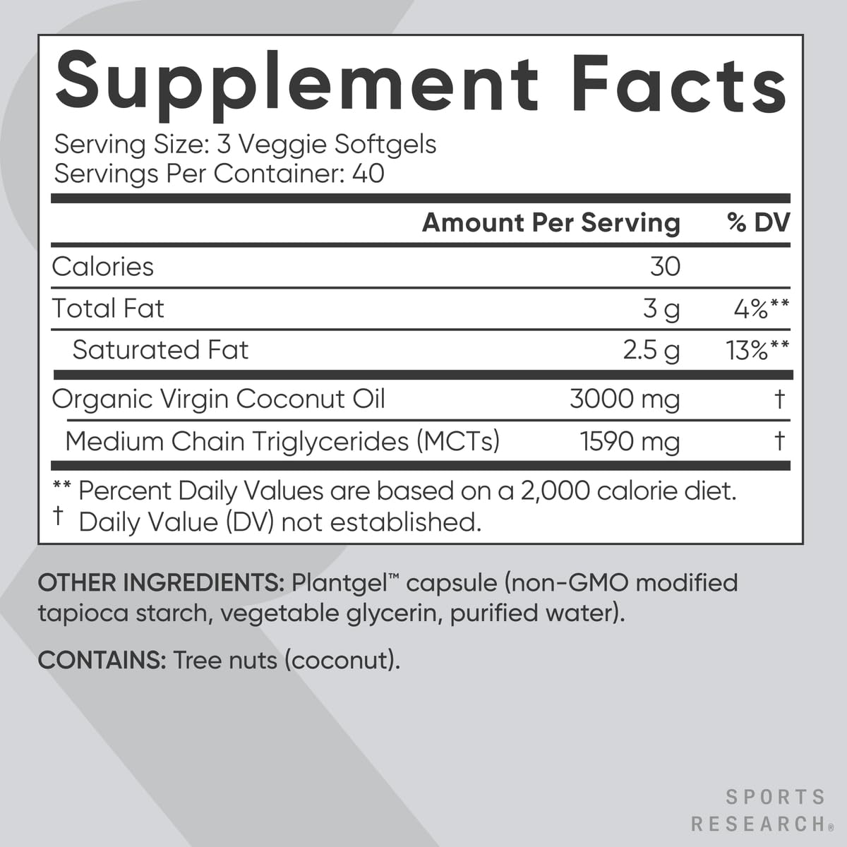 Sports Research® Organic Coconut Oil Capsules 3000MG - Cold Pressed Extra Virgin Coconut Oil with Medium Chain Triglycerides (MCTs) - Vegan Friendly & Non-GMO Verified - 120 Softgels - dailyvitalstore