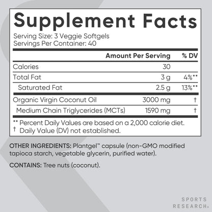 Sports Research® Organic Coconut Oil Capsules 3000MG - Cold Pressed Extra Virgin Coconut Oil with Medium Chain Triglycerides (MCTs) - Vegan Friendly & Non-GMO Verified - 120 Softgels - dailyvitalstore