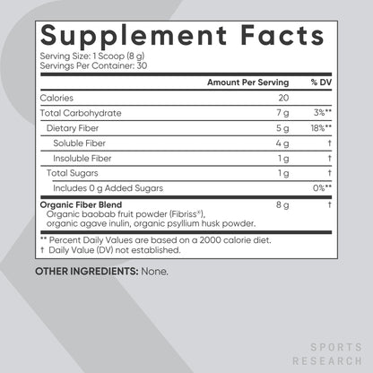 Sports Research® Organic Fiber Unflavored – Organic Fiber Powder - Daily Psyllium Husk and Prebiotic Agave Inulin, Helps Maintain Regularity* with Soluble & Insoluble Fiber - Easy to Mix, 30 Servings - dailyvitalstore
