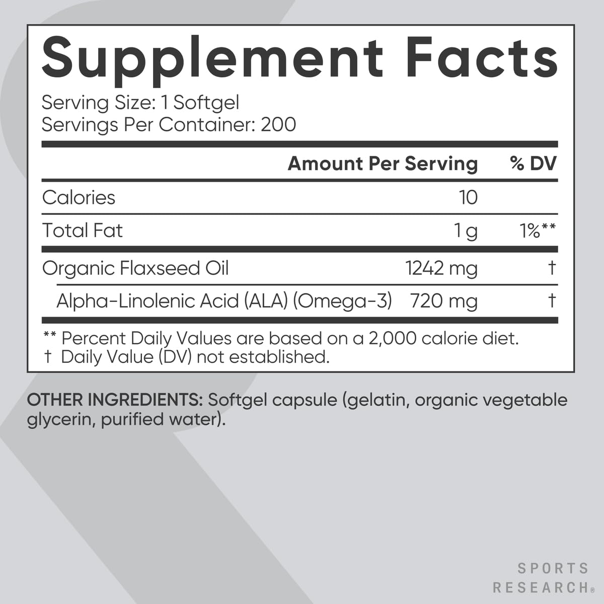 Sports Research Organic Flaxseed Oil Softgels 1242mg - Plant Based Omega 3 Supplement with 720mg ALA for Women & Men - Non-GMO, Soy & Gluten Free (200 Count) - dailyvitalstore