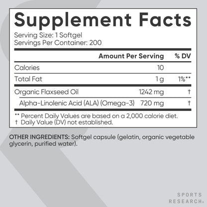 Sports Research Organic Flaxseed Oil Softgels 1242mg - Plant Based Omega 3 Supplement with 720mg ALA for Women & Men - Non-GMO, Soy & Gluten Free (200 Count) - dailyvitalstore