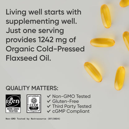Sports Research Organic Flaxseed Oil Softgels 1242mg - Plant Based Omega 3 Supplement with 720mg ALA for Women & Men - Non-GMO, Soy & Gluten Free (200 Count) - dailyvitalstore