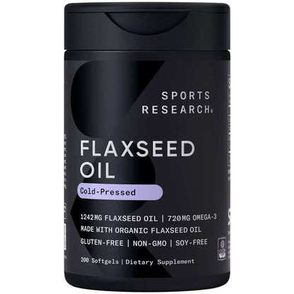 Sports Research Organic Flaxseed Oil Softgels 1242mg - Plant Based Omega 3 Supplement with 720mg ALA for Women & Men - Non-GMO, Soy & Gluten Free (200 Count) - dailyvitalstore