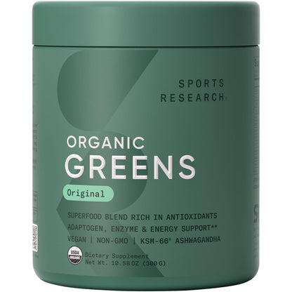 Sports Research® Organic Greens Superfood Powder w/Spirulina & Chlorella, Adaptogens, Enzymes, Probiotics & 8 VIT Bs for Gut & Mood Support* - Vegan, Sugar-Free & Low-Cal Original 30 Servings - dailyvitalstore