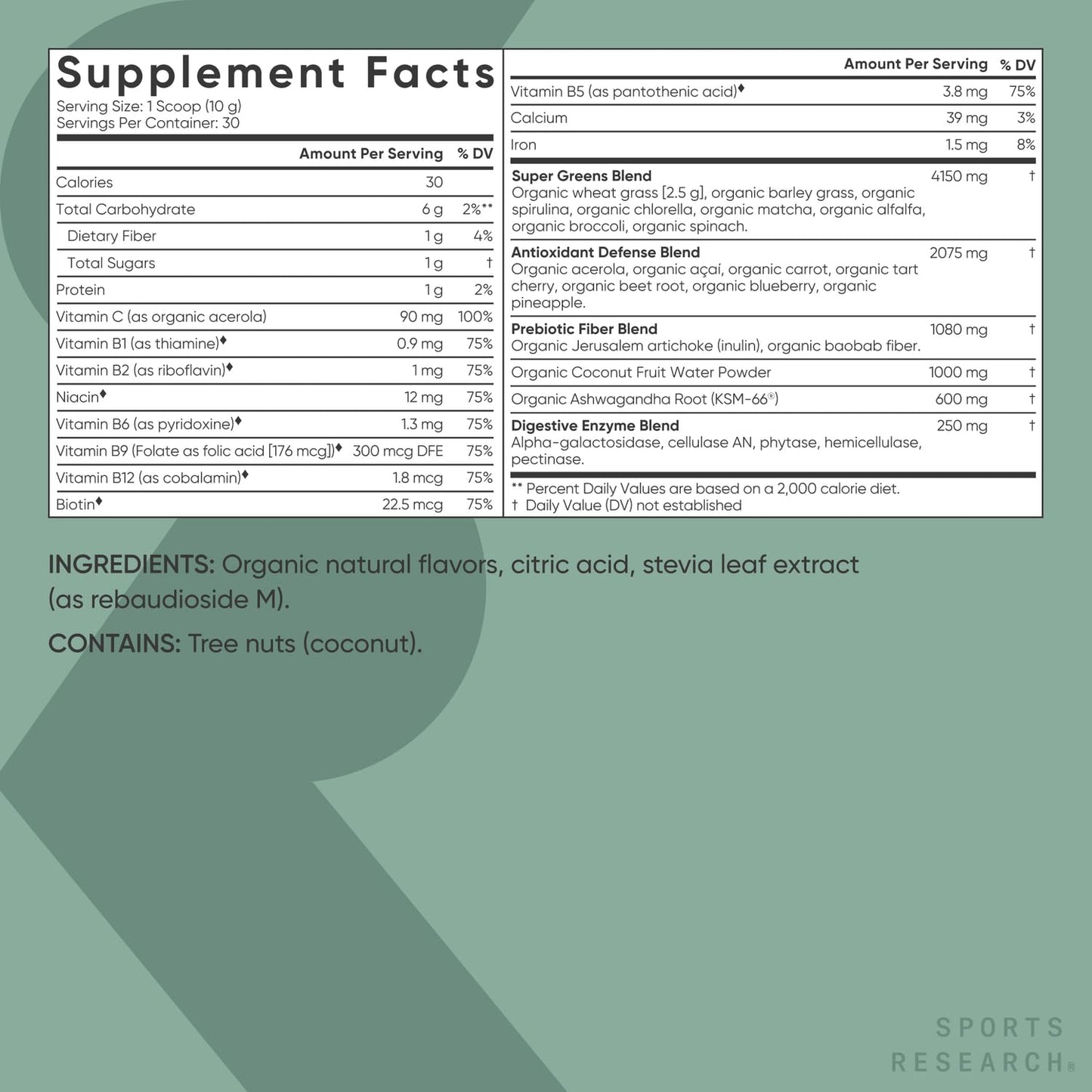 Sports Research® Organic Greens Superfood Powder w/Spirulina & Chlorella, Adaptogens, Enzymes, Probiotics & 8 VIT Bs for Gut & Mood Support* - Vegan, Sugar-Free & Low-Cal Original 30 Servings - dailyvitalstore