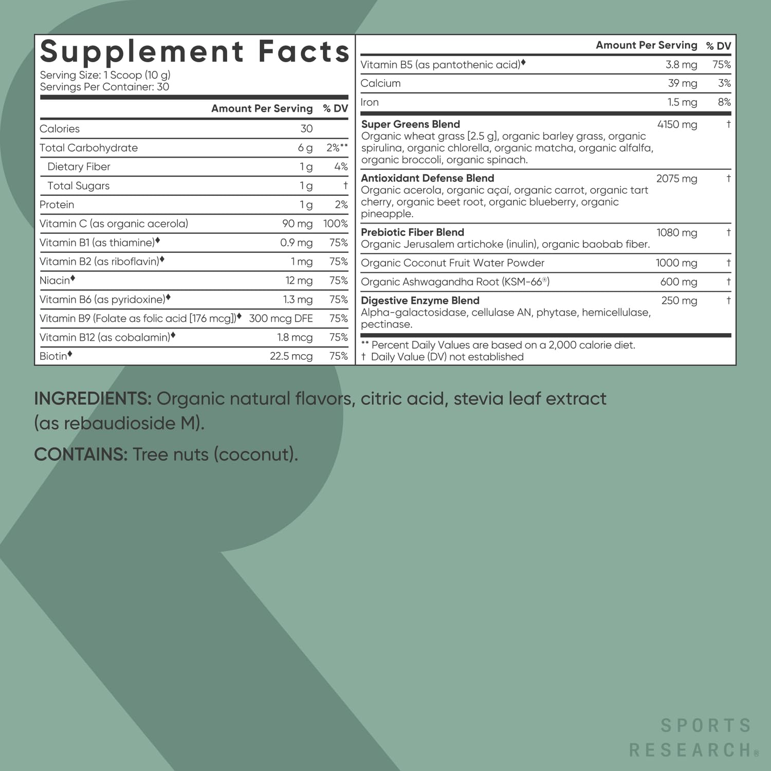 Sports Research® Organic Greens Superfood Powder w/Spirulina & Chlorella, Adaptogens, Enzymes, Probiotics & 8 VIT Bs for Gut & Mood Support* - Vegan, Sugar-Free & Low-Cal Original 30 Servings - dailyvitalstore