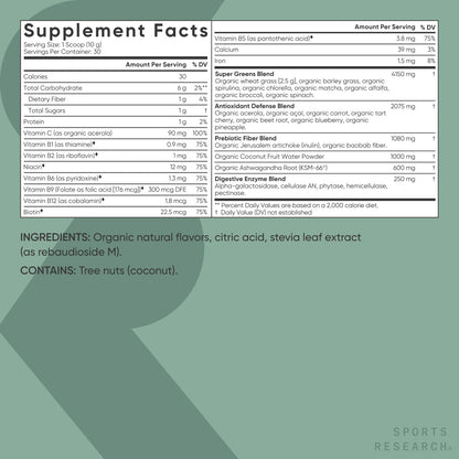 Sports Research® Organic Greens Superfood Powder w/Spirulina & Chlorella, Adaptogens, Enzymes, Probiotics & 8 VIT Bs for Gut & Mood Support* - Vegan, Sugar-Free & Low-Cal Original 30 Servings - dailyvitalstore
