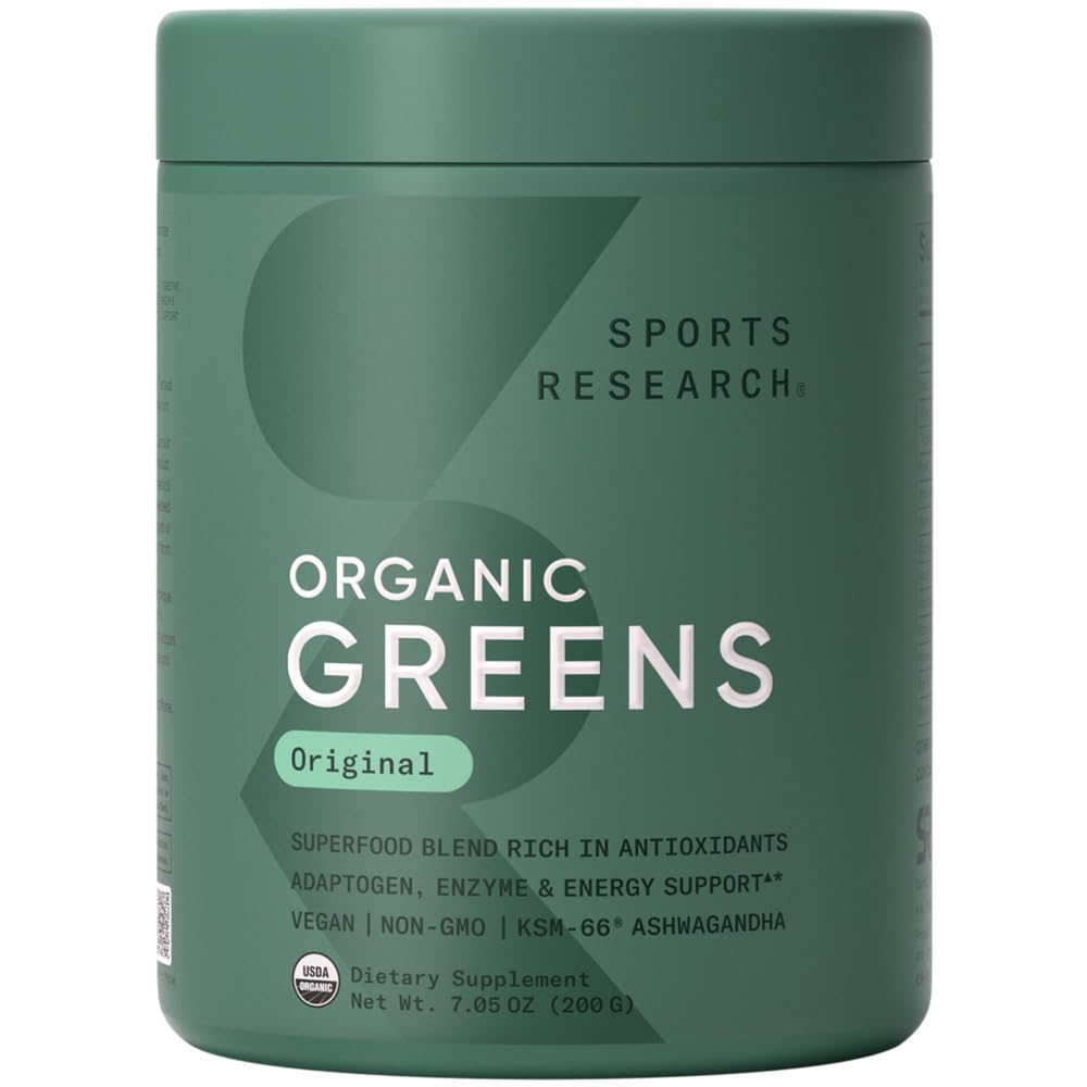 Sports Research® Organic Greens Superfood Powder w/Spirulina & Chlorella, Adaptogens, Enzymes, Probiotics & 8 VIT Bs for Gut & Mood Support* - Vegan, Sugar-Free & Low-Cal Original 20 Servings - dailyvitalstore