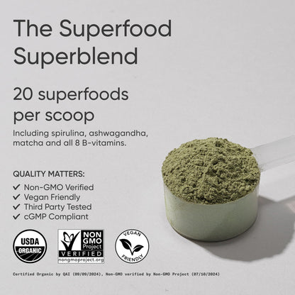 Sports Research® Organic Greens Superfood Powder w/Spirulina & Chlorella, Adaptogens, Enzymes, Probiotics & 8 VIT Bs for Gut & Mood Support* - Vegan, Sugar-Free & Low-Cal Original 20 Servings - dailyvitalstore