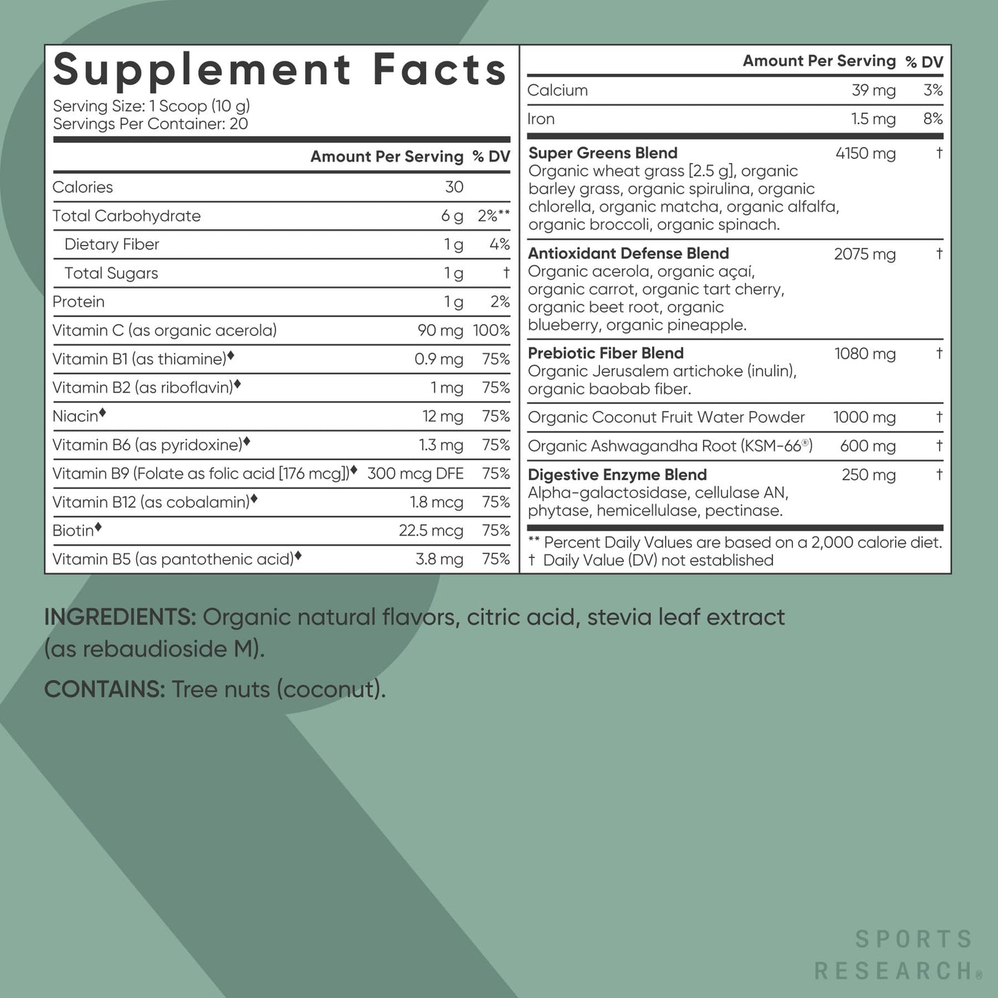 Sports Research® Organic Greens Superfood Powder w/Spirulina & Chlorella, Adaptogens, Enzymes, Probiotics & 8 VIT Bs for Gut & Mood Support* - Vegan, Sugar-Free & Low-Cal Original 20 Servings - dailyvitalstore