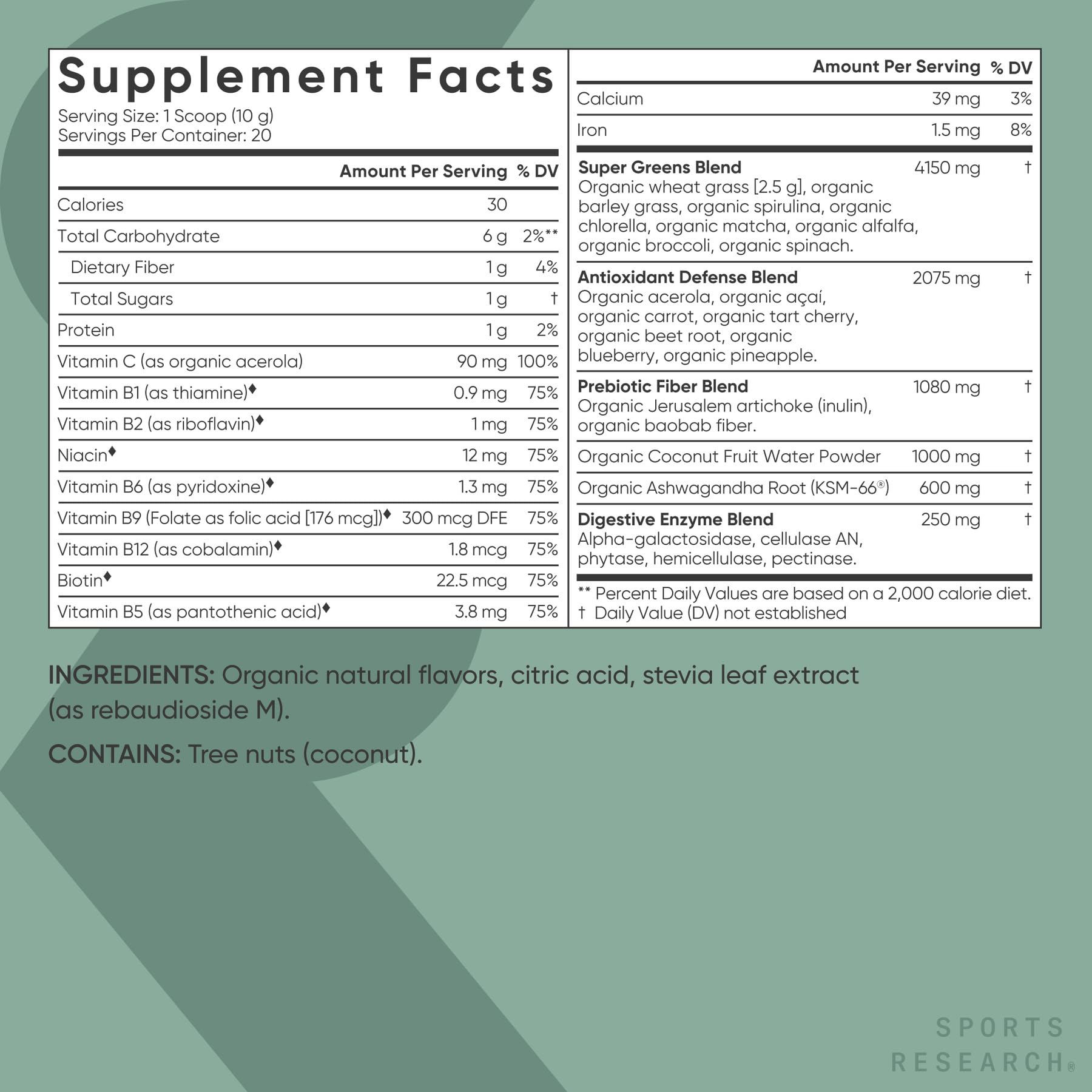 Sports Research® Organic Greens Superfood Powder w/Spirulina & Chlorella, Adaptogens, Enzymes, Probiotics & 8 VIT Bs for Gut & Mood Support* - Vegan, Sugar-Free & Low-Cal Original 20 Servings - dailyvitalstore