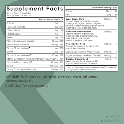 Sports Research® Organic Greens Superfood Powder w/Spirulina & Chlorella, Adaptogens, Enzymes, Probiotics & 8 VIT Bs for Gut & Mood Support* - Vegan, Sugar-Free & Low-Cal Original 20 Servings - dailyvitalstore