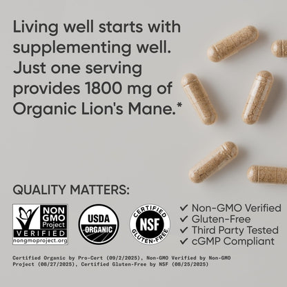 Sports Research® Organic Lion's Mane Mushroom Supplement 1800mg - Brain Health, Focus & Cognitive Supports - USDA Certified Organic · Non-GMO · Vegan - 90 Count Capsules - dailyvitalstore