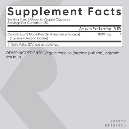 Sports Research® Organic Lion's Mane Mushroom Supplement 1800mg - Brain Health, Focus & Cognitive Supports - USDA Certified Organic · Non-GMO · Vegan - 90 Count Capsules - dailyvitalstore