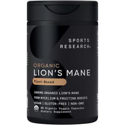 Sports Research® Organic Lion's Mane Mushroom Supplement 1800mg - Brain Health, Focus & Cognitive Supports - USDA Certified Organic · Non-GMO · Vegan - 90 Count Capsules - dailyvitalstore
