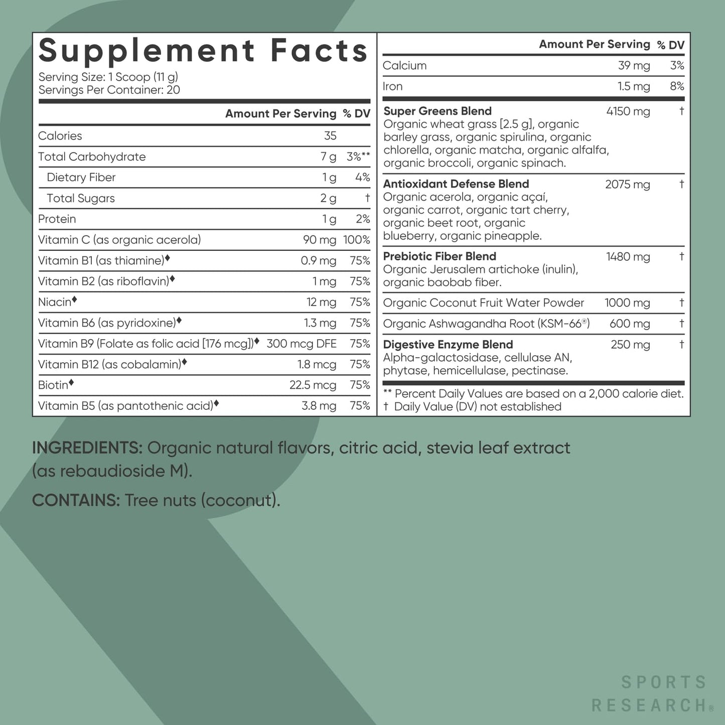 Sports Research® Organic Pineapple Coconut Greens - Digestive Health, Natural Energy & Mood Support* - Certified Organic Powder - 20 Servings - dailyvitalstore