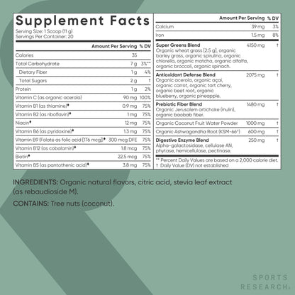 Sports Research® Organic Pineapple Coconut Greens - Digestive Health, Natural Energy & Mood Support* - Certified Organic Powder - 20 Servings - dailyvitalstore