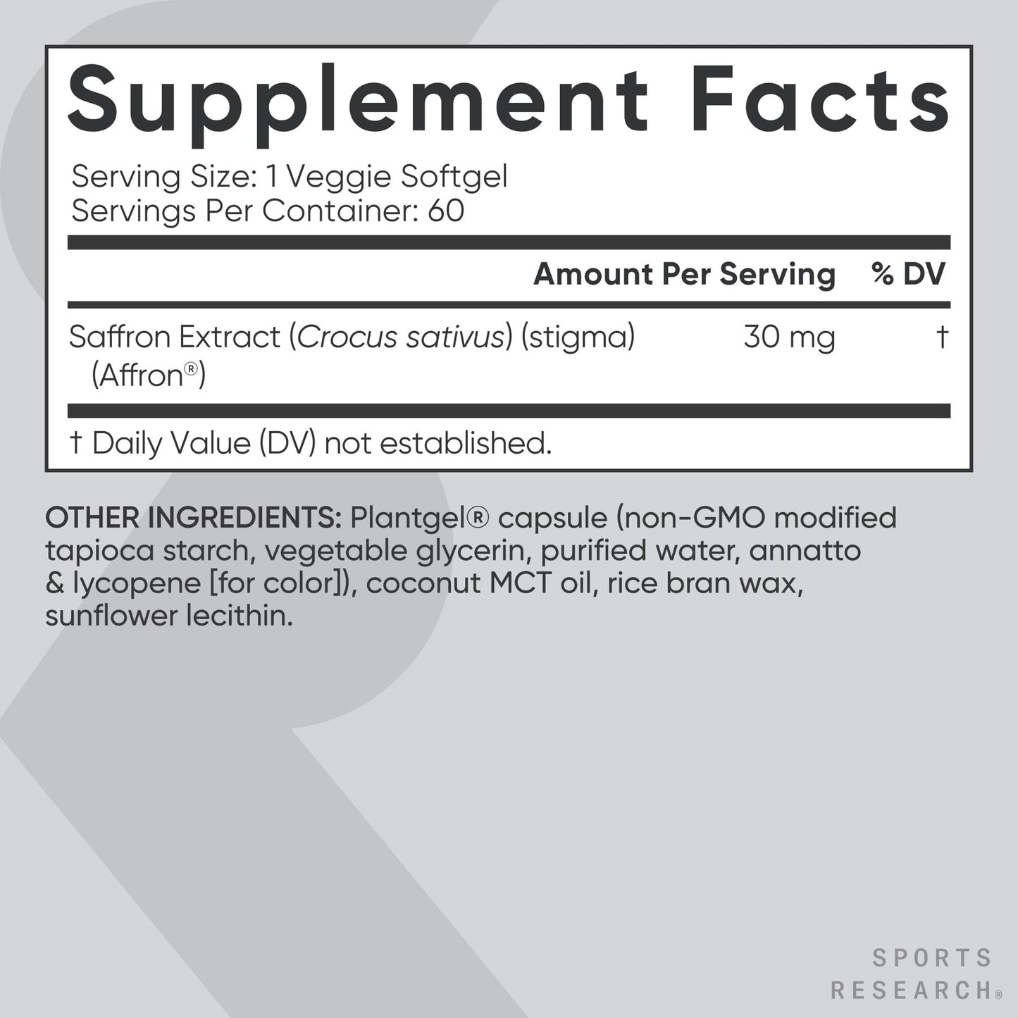 Sports Research® Pure Saffron Supplement, 30 mg - Mood & Stress Support - Made w/Affron® Saffron Extract - Vegan Certified · Non-GMO · Gluten Free – 60 Veggie Softgels - dailyvitalstore