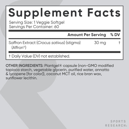 Sports Research® Pure Saffron Supplement, 30 mg - Mood & Stress Support - Made w/Affron® Saffron Extract - Vegan Certified · Non-GMO · Gluten Free – 60 Veggie Softgels - dailyvitalstore