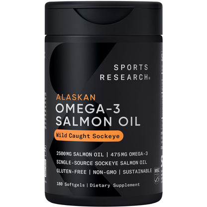 Sports Research® Salmon Oil - Single-Source Wild Alaskan Sockeye | 2500 mg per Serving w/EPA & DHA Fatty Acids | MSC Certified - 180 Count Softgels - dailyvitalstore