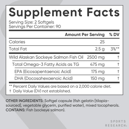 Sports Research® Salmon Oil - Single-Source Wild Alaskan Sockeye | 2500 mg per Serving w/EPA & DHA Fatty Acids | MSC Certified - 180 Count Softgels - dailyvitalstore