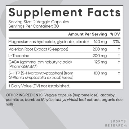 Sports Research® Sleep Complex- Melatonin-Free Vegan Capsules - with Valerian Root, GABA, L-Theanine, Magnesium & 5-HTP - 30 Servings - dailyvitalstore