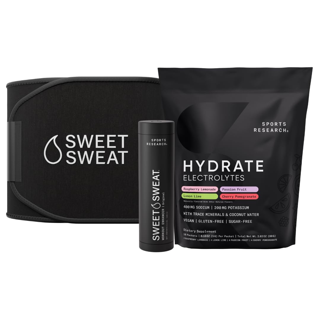 Sports Research® Sweet Sweat Black Waist Trimmer 'Xtra-Coverage' Belt (Size - Large), Multi Flavor Hydrate Electrolytes (16x Pack) and Original Workout Enhancer Roll-On Gel Stick - dailyvitalstore