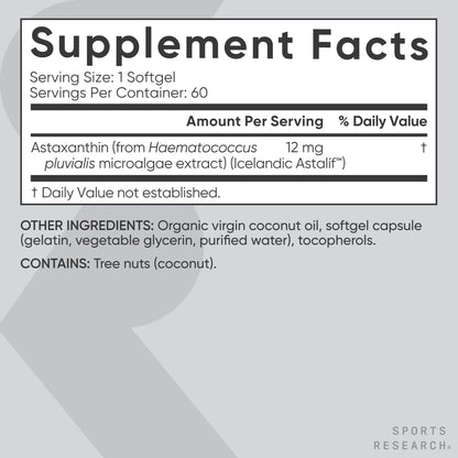 Sports Research® Triple Strength Astaxanthin 12mg w/Organic Coconut Oil - Antioxidant Supplement for Skin & Eye Health Support* - Soy Free · Non-GMO · Gluten Free - 60 Softgels - dailyvitalstore