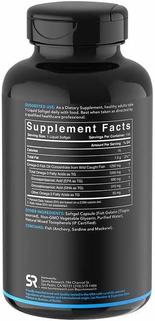 Sports Research Triple Strength Omega 3 Fish Oil - Burpless Fish Oil Supplement w/EPA & DHA Fatty Acids from Wild Caught Fish - Heart, Brain & Immune Support for Men & Women - 1250 mg, 150 ct - dailyvitalstore