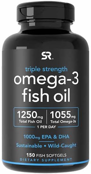 Sports Research Triple Strength Omega 3 Fish Oil - Burpless Fish Oil Supplement w/EPA & DHA Fatty Acids from Wild Caught Fish - Heart, Brain & Immune Support for Men & Women - 1250 mg, 150 ct - dailyvitalstore