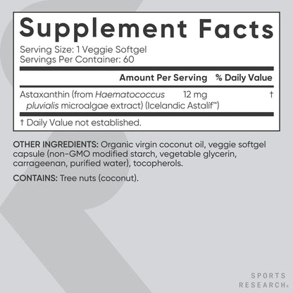 Sports Research Triple Strength Vegan Astaxanthin Supplement from Algae - Plant Based Softgels for Antioxidant Activity, Skin & Eye Health - Non-GMO Verified, Made with Coconut Oil - 12mg, 60 Count - dailyvitalstore