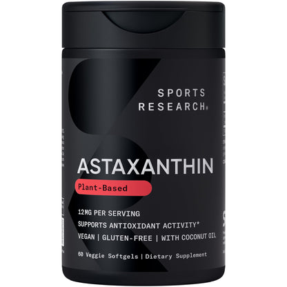 Sports Research Triple Strength Vegan Astaxanthin Supplement from Algae - Plant Based Softgels for Antioxidant Activity, Skin & Eye Health - Non-GMO Verified, Made with Coconut Oil - 12mg, 60 Count - dailyvitalstore
