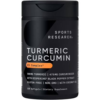 Sports Research® Turmeric Curcumin C3 Complex® w/BioPerine Black Pepper Extract & Organic Coconut Oil - Standardized 95% Curcuminoids · Non-GMO · Gluten Free - 120 Count Softgels - dailyvitalstore