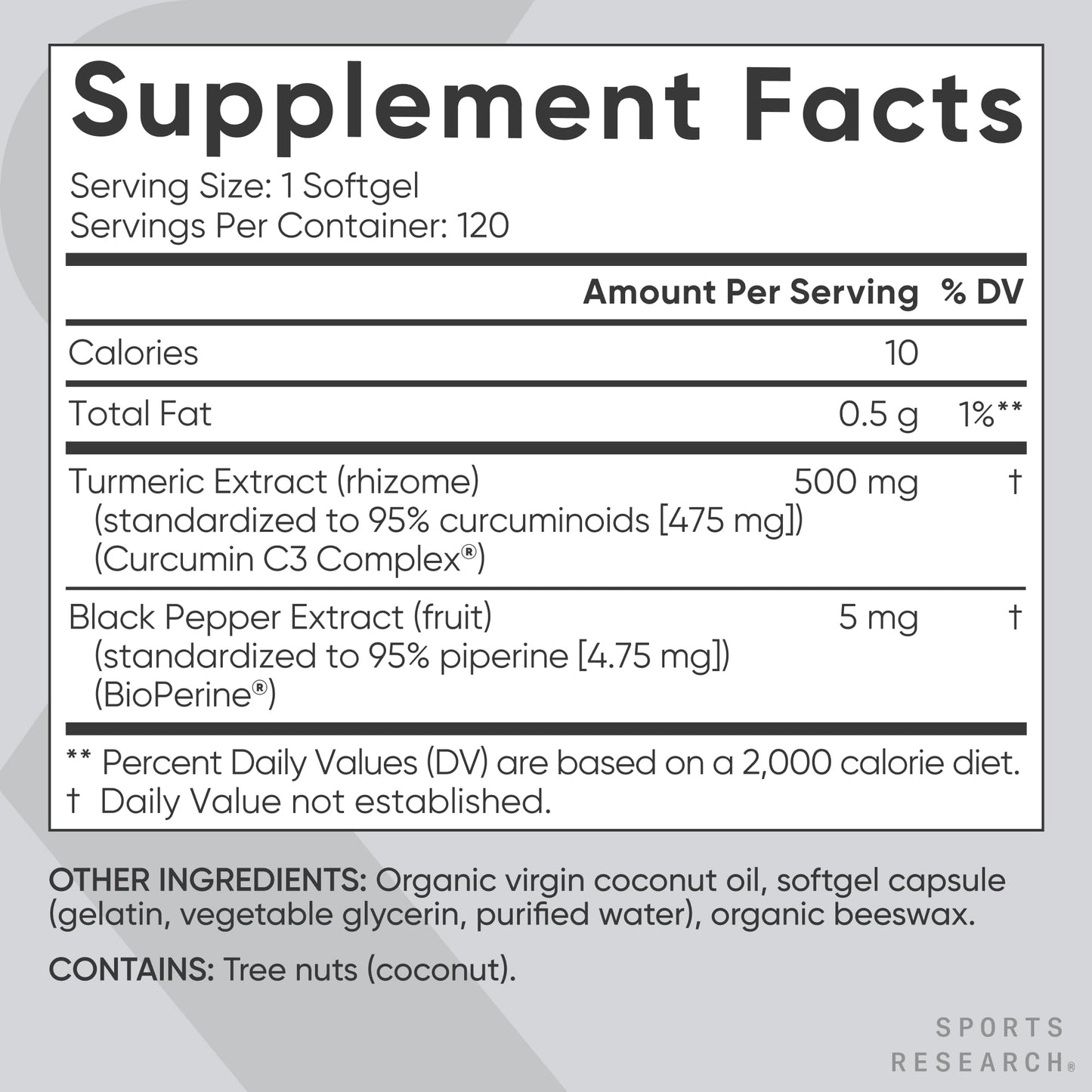 Sports Research® Turmeric Curcumin C3 Complex® w/BioPerine Black Pepper Extract & Organic Coconut Oil - Standardized 95% Curcuminoids · Non-GMO · Gluten Free - 120 Count Softgels - dailyvitalstore
